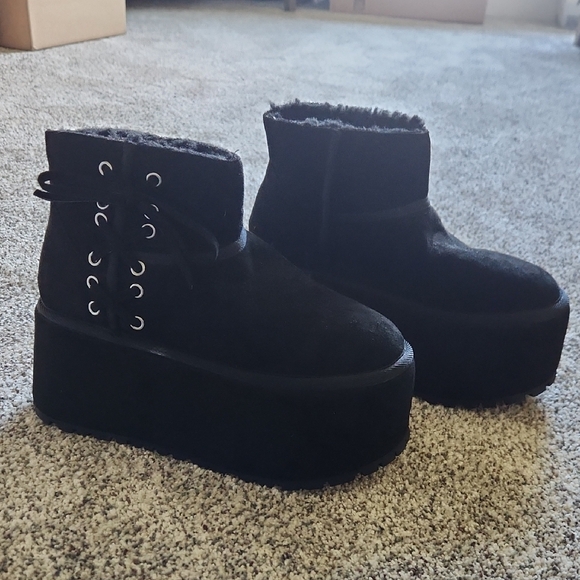 Dolls Kill Black Faux Suede Platform Ankle Boots with Lace-Up Back - Picture 2 of 6
